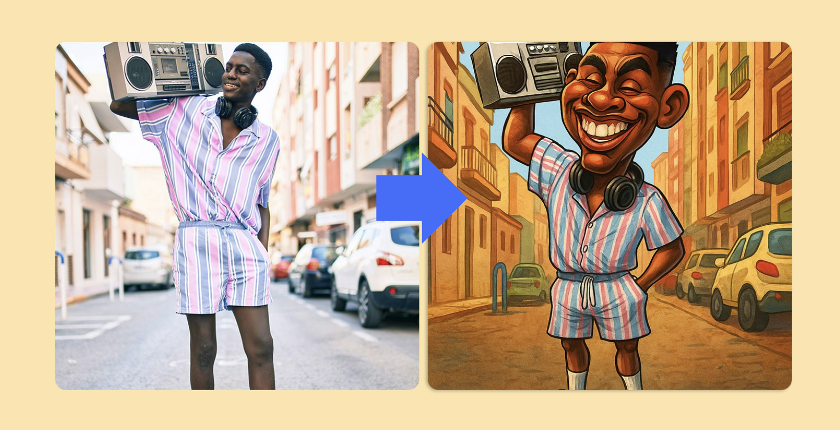 Before and after comparison showing the transformation from a real photo to an AI-generated caricature portrait