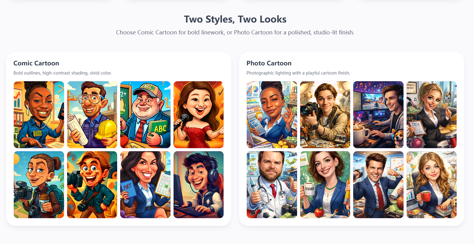 Style comparison showing Photo Cartoon and Comic Cartoon caricature examples side by side